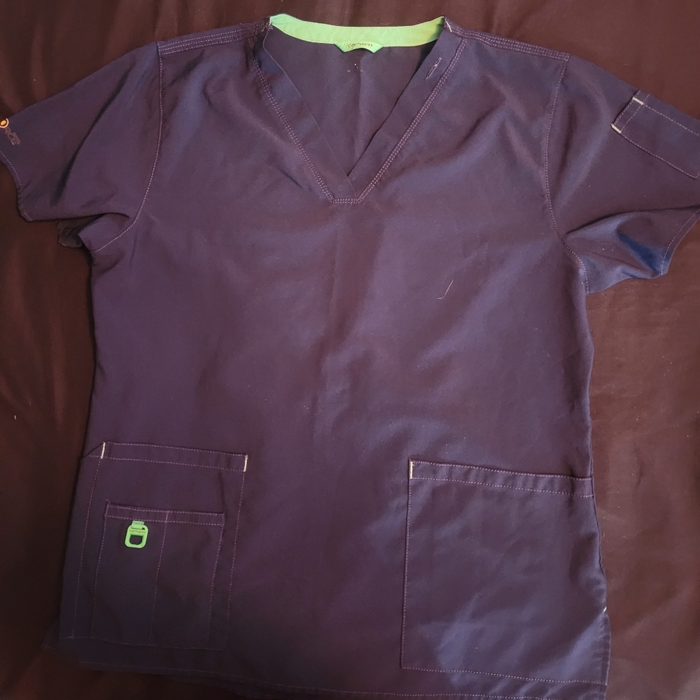 Navy Blue Scrub Top with Green Accents